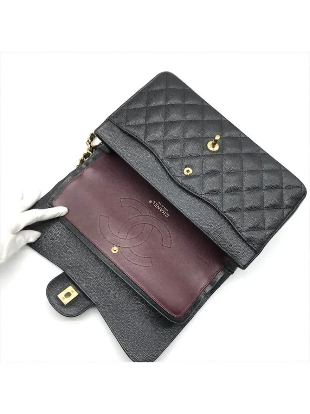 Chanel CC Logo Maxi Quilted Caviar Leather Chain Shoulder Bag Black